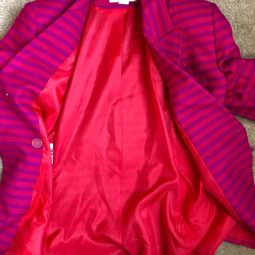 Christian Dior Vintage Pink Striped Blazer and Skirt Suit Set Size 12